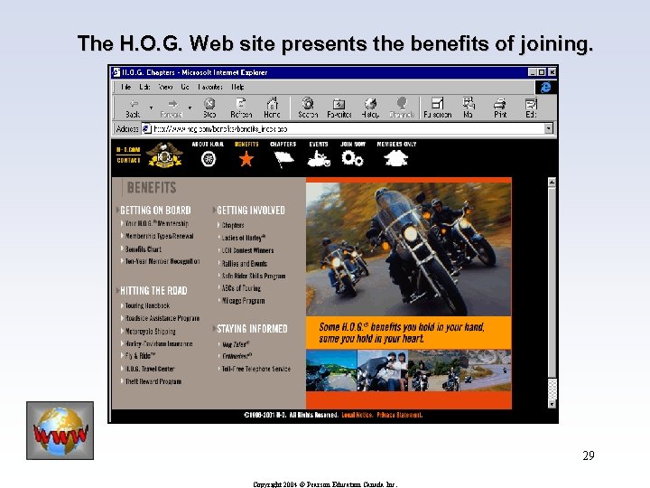 The H. O. G. Web site presents the benefits of joining. 29 Copyright 2004