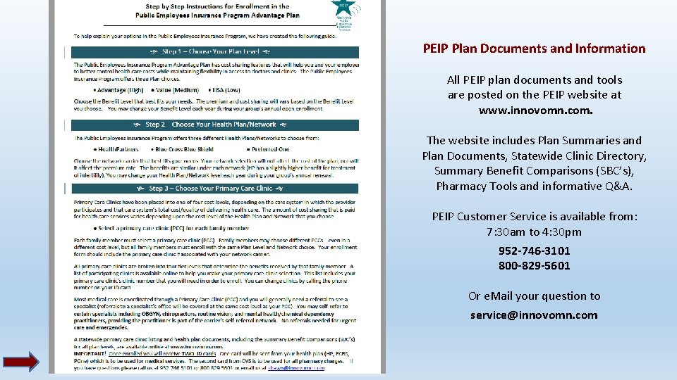 PEIP Plan Documents and Information All PEIP plan documents and tools are posted on