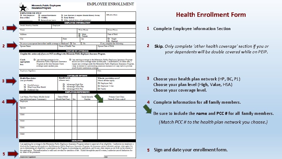 Health Enrollment Form 1 1 Complete Employee Information Section 2 2 3 4 Skip.