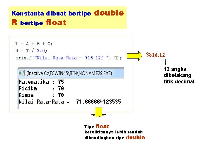 Konstanta dibuat bertipe R bertipe float double %16. 12 12 angka dibelakang titik decimal