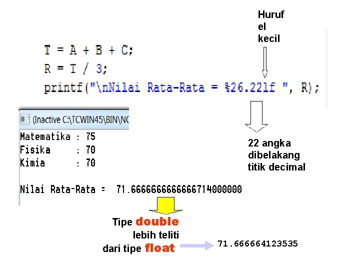 Huruf el kecil 22 angka dibelakang titik decimal Tipe double lebih teliti dari tipe
