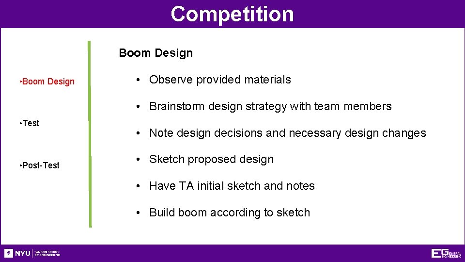 Competition Boom Design • Boom Design • Observe provided materials • Brainstorm design strategy