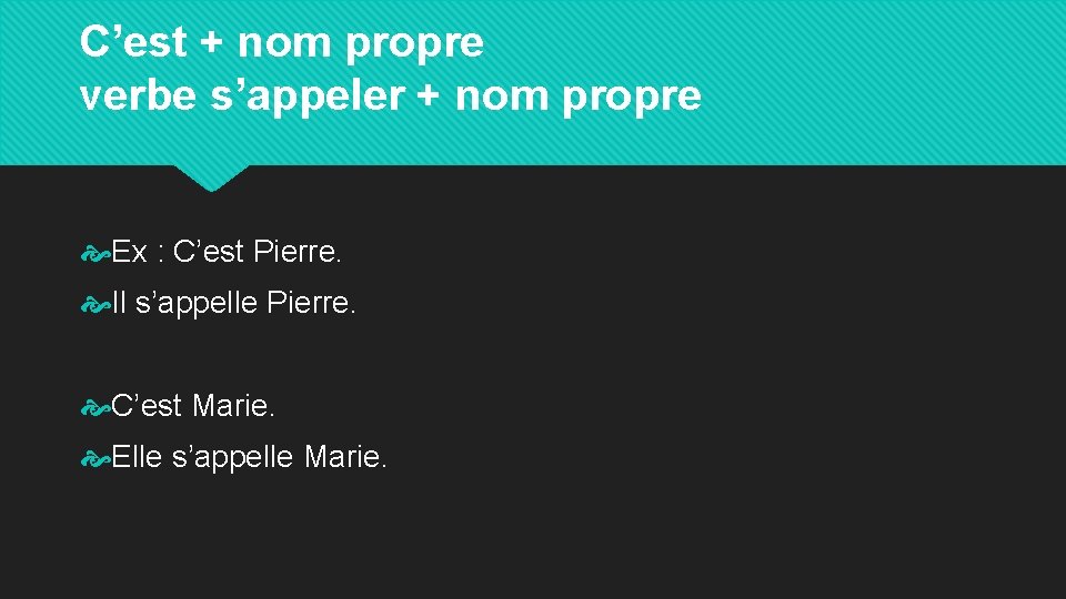 C’est + nom propre verbe s’appeler + nom propre Ex : C’est Pierre. Il