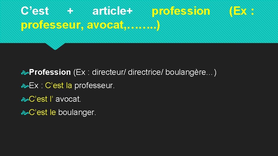 C’est + article+ profession professeur, avocat, ……. . ) Profession (Ex : directeur/ directrice/