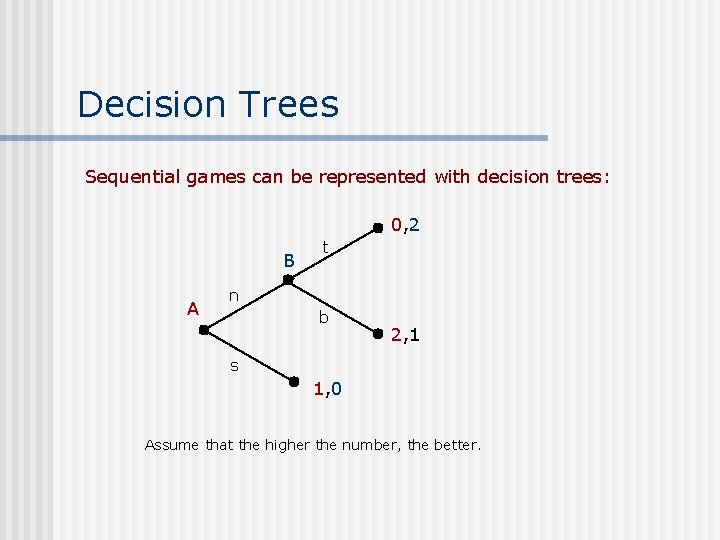 Decision Trees Sequential games can be represented with decision trees: 0, 2 B A