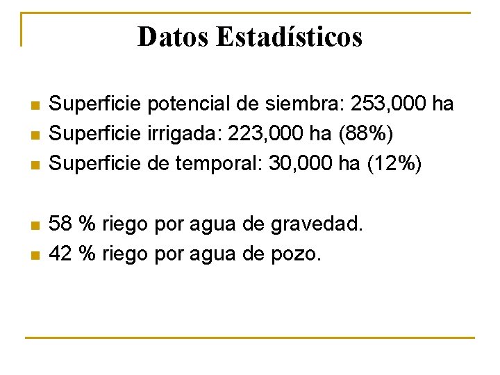 Datos Estadísticos n n n Superficie potencial de siembra: 253, 000 ha Superficie irrigada: