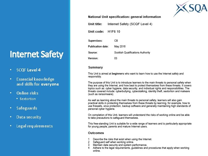 Internet Safety • SCQF Level 4 • Essential knowledge and skills for everyone •