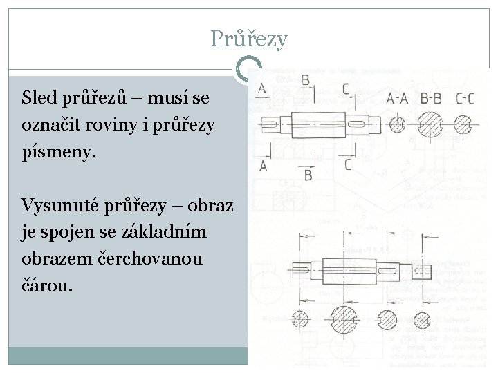 Průřezy Sled průřezů – musí se označit roviny i průřezy písmeny. Vysunuté průřezy –