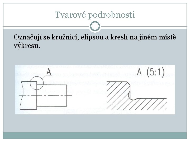 Tvarové podrobnosti Označují se kružnicí, elipsou a kreslí na jiném místě výkresu. 