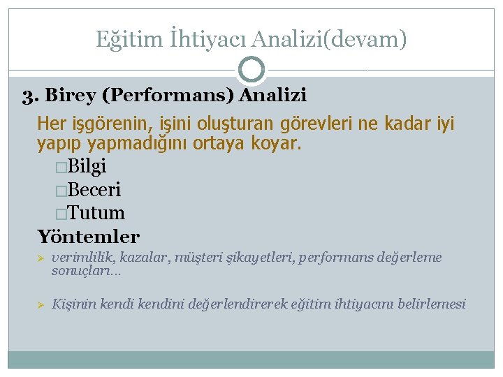 Eğitim İhtiyacı Analizi(devam) 3. Birey (Performans) Analizi Her işgörenin, işini oluşturan görevleri ne kadar