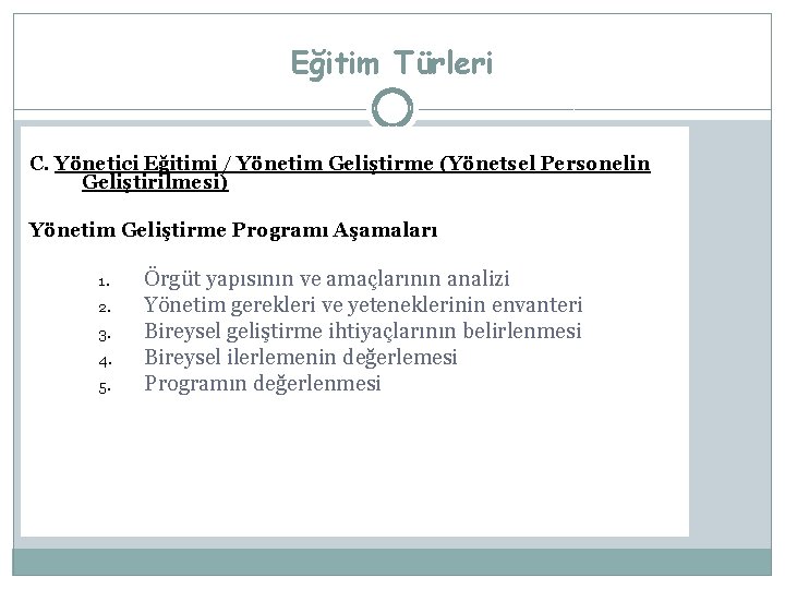 Eğitim Türleri C. Yönetici Eğitimi / Yönetim Geliştirme (Yönetsel Personelin Geliştirilmesi) Yönetim Geliştirme Programı