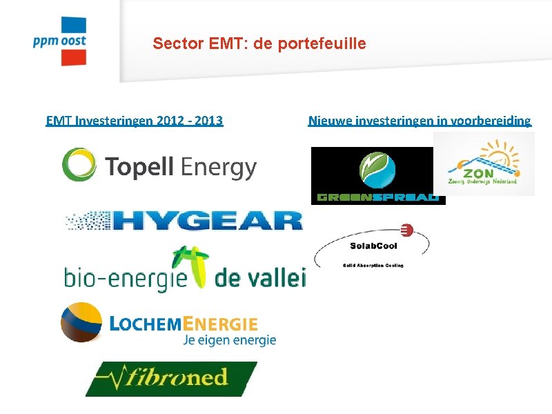 Sector EMT: de portefeuille EMT Investeringen 2012 - 2013 Nieuwe investeringen in voorbereiding 