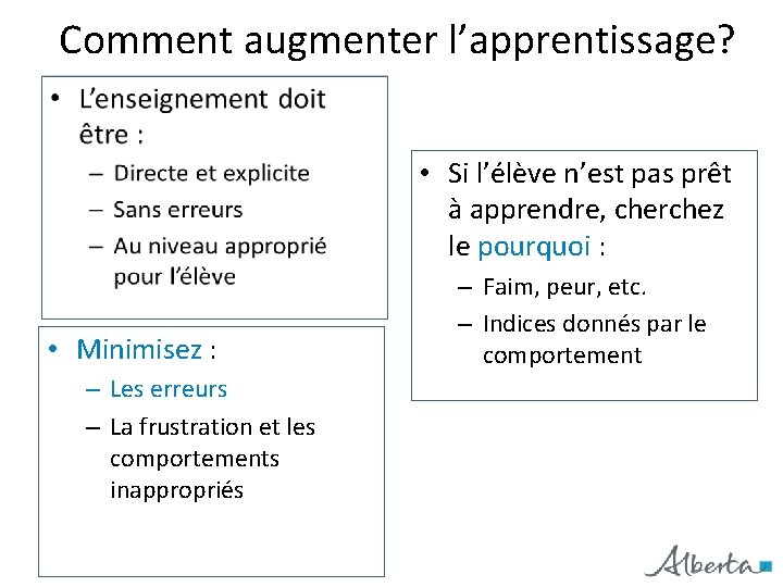 Comment augmenter l’apprentissage? • Si l’élève n’est pas prêt à apprendre, cherchez le pourquoi