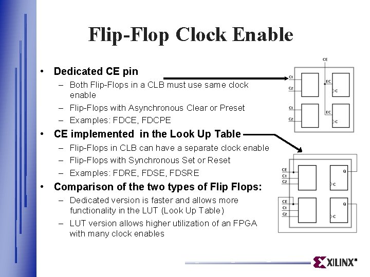 Flip-Flop Clock Enable • Dedicated CE pin – Both Flip-Flops in a CLB must Flip-Flop Clock Enable • Dedicated CE pin – Both Flip-Flops in a CLB must
