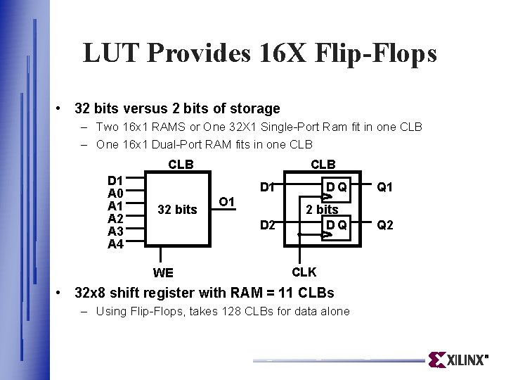 LUT Provides 16 X Flip-Flops • 32 bits versus 2 bits of storage – LUT Provides 16 X Flip-Flops • 32 bits versus 2 bits of storage –