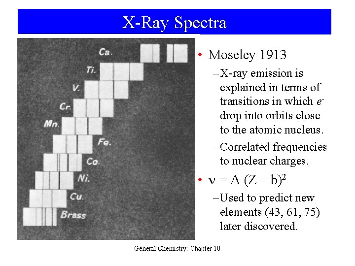 X-Ray Spectra • Moseley 1913 – X-ray emission is explained in terms of transitions