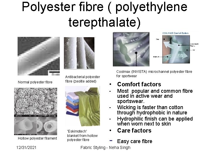 Polyester fibre ( polyethylene terepthalate) Normal polyester fibre Antibacterial polyester fibre (zeolite added) Coolmax