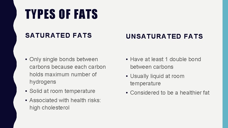 TYPES OF FATS SATURATED FATS UNSATURATED FATS • Only single bonds between carbons because
