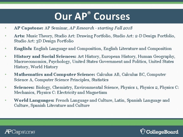 Our AP® Courses • AP Capstone: AP Seminar, AP Research - starting Fall 2018