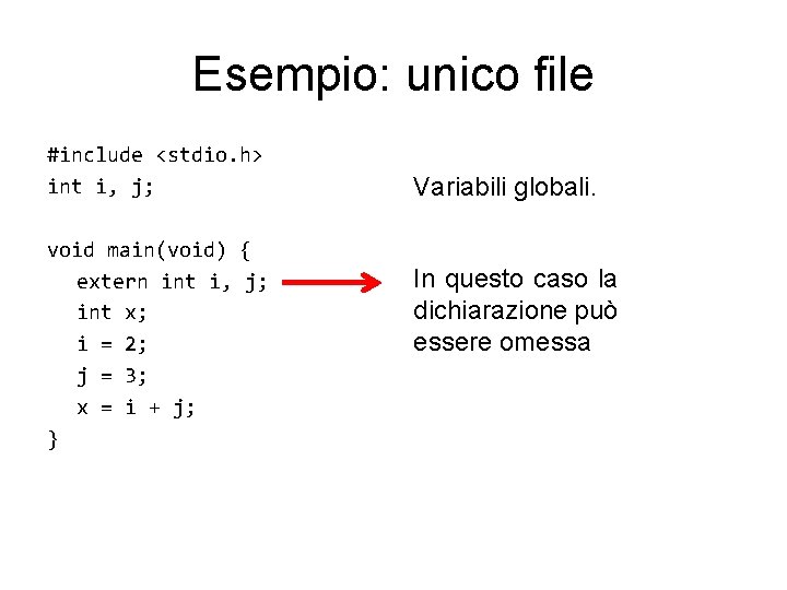 Esempio: unico file #include <stdio. h> int i, j; void main(void) { extern int