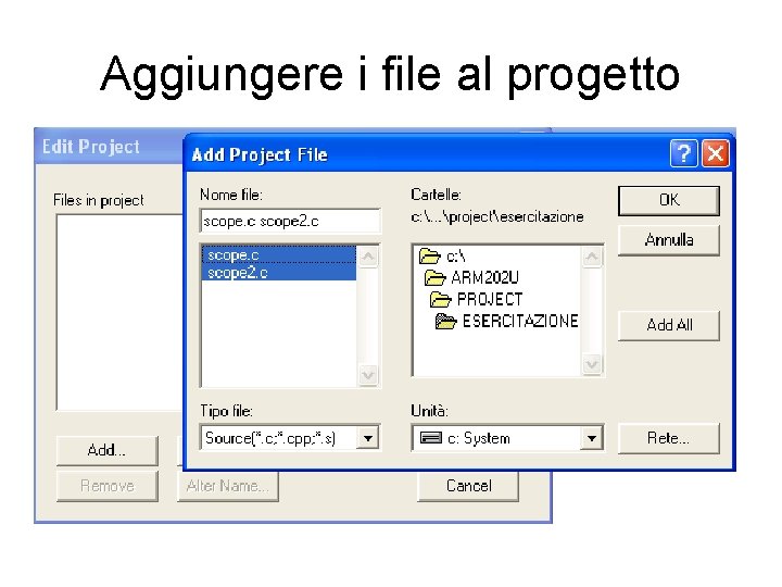 Aggiungere i file al progetto 