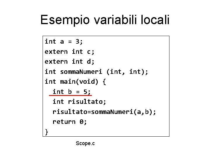 Esempio variabili locali int a = 3; extern int c; extern int d; int