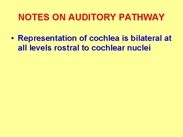 NOTES ON AUDITORY PATHWAY • Representation of cochlea is bilateral at all levels rostral