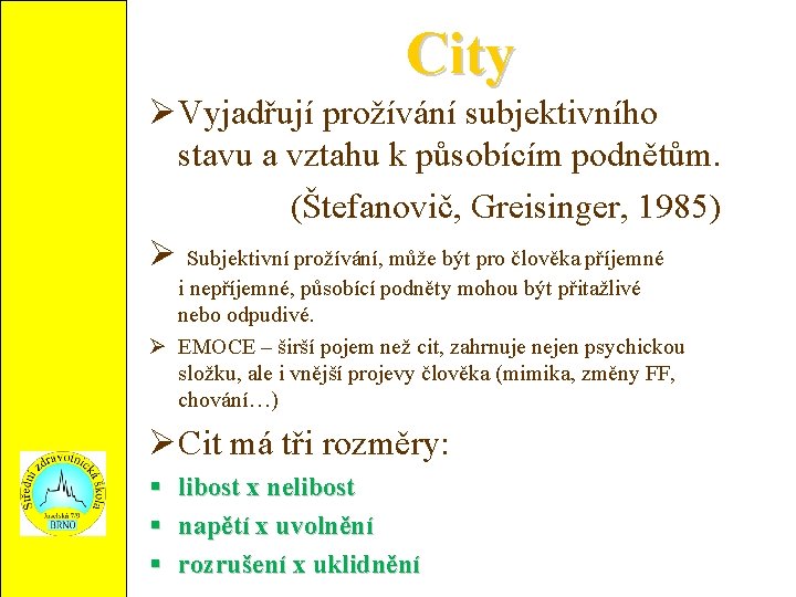 City Vyjadřují prožívání subjektivního stavu a vztahu k působícím podnětům. (Štefanovič, Greisinger, 1985) Subjektivní