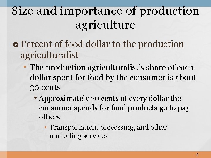 Size and importance of production agriculture Percent of food dollar to the production agriculturalist