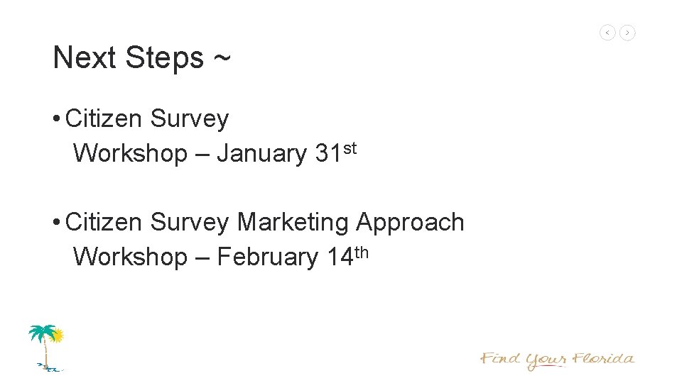 Next Steps ~ • Citizen Survey Workshop – January 31 st • Citizen Survey