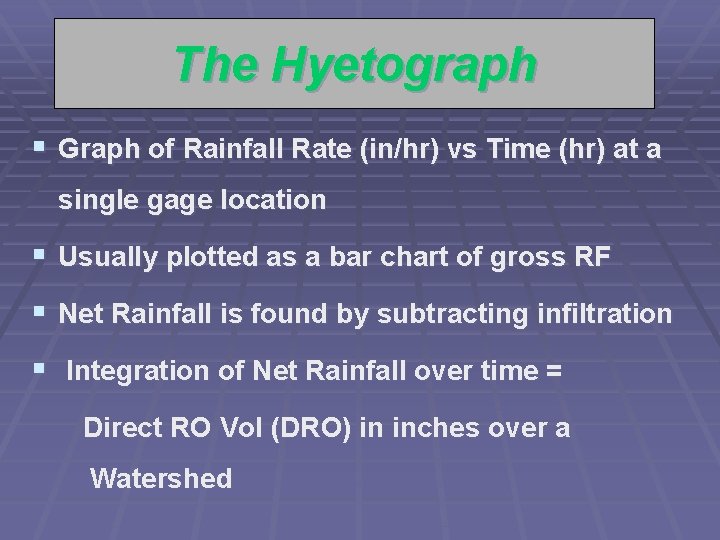 The Hyetograph § Graph of Rainfall Rate (in/hr) vs Time (hr) at a single