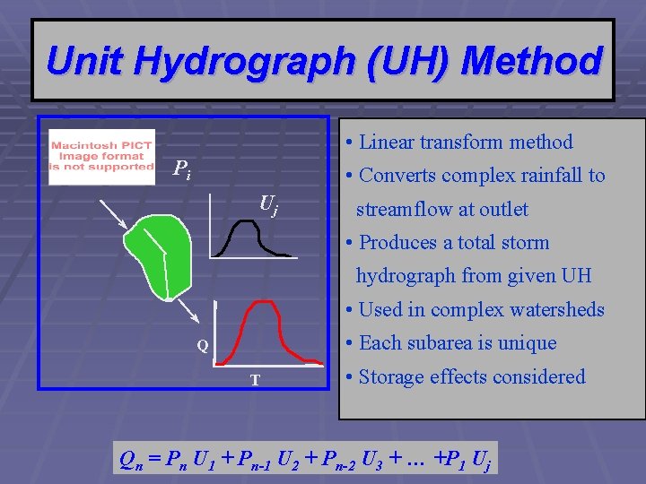 Unit Hydrograph (UH) Method • Linear transform method Pi • Converts complex rainfall to