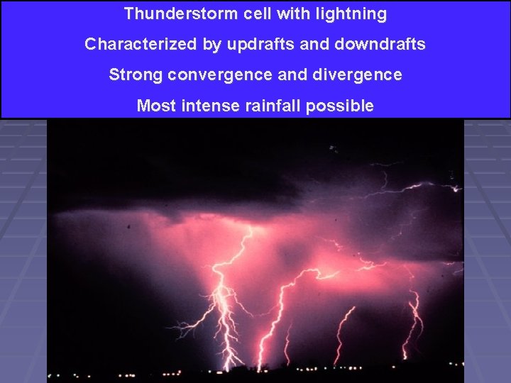 Thunderstorm cell with lightning Characterized by updrafts and downdrafts Strong convergence and divergence Most