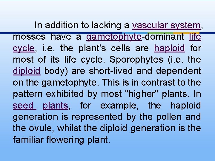 In addition to lacking a vascular system, mosses have a gametophyte-dominant life cycle, i.