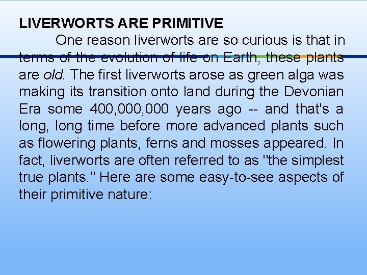 LIVERWORTS ARE PRIMITIVE One reason liverworts are so curious is that in terms of