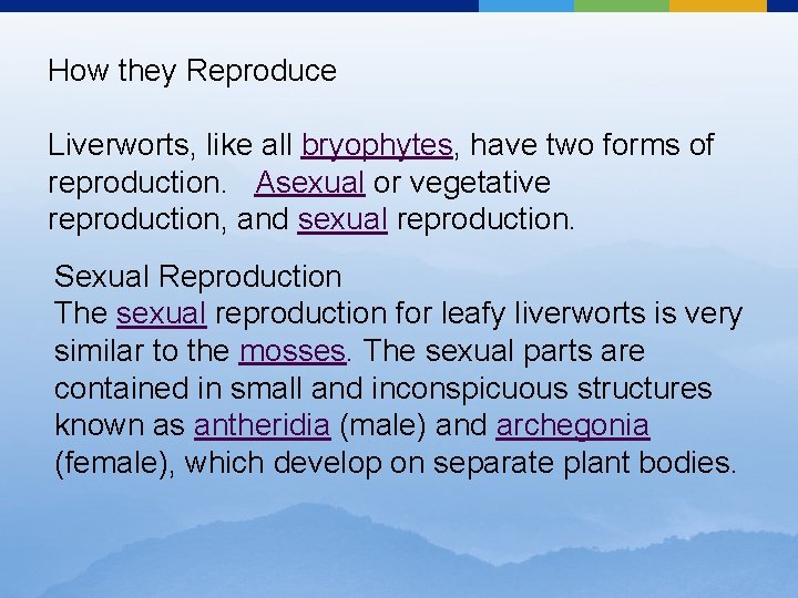 How they Reproduce Liverworts, like all bryophytes, have two forms of reproduction. Asexual or