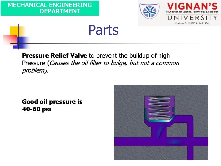 MECHANICAL ENGINEERING DEPARTMENT Parts Pressure Relief Valve to prevent the buildup of high Pressure