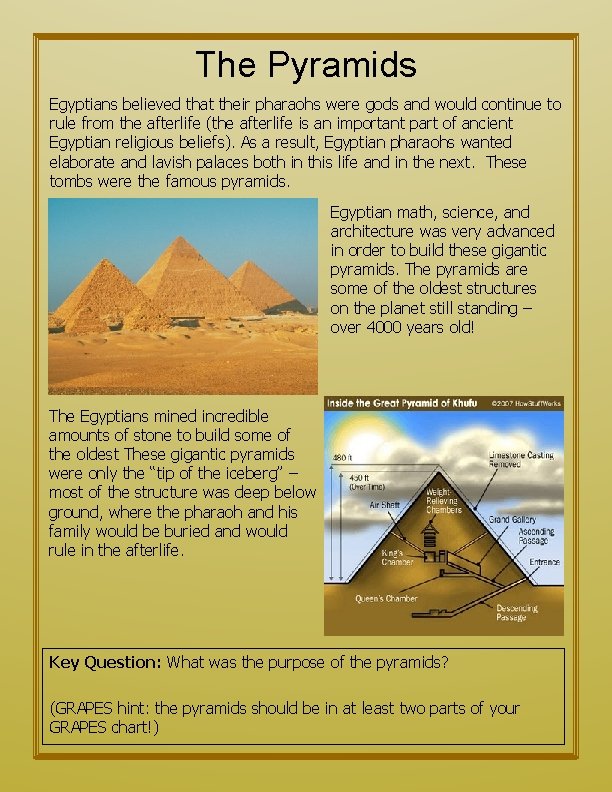 The Pyramids Egyptians believed that their pharaohs were gods and would continue to rule