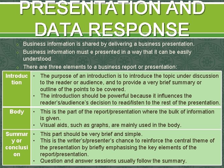 PRESENTATION AND DATA RESPONSE o Business information is shared by delivering a business presentation. PRESENTATION AND DATA RESPONSE o Business information is shared by delivering a business presentation.
