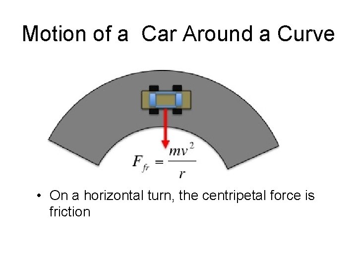 Motion of a Car Around a Curve • On a horizontal turn, the centripetal