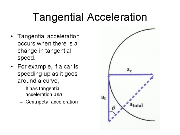 Tangential Acceleration • Tangential acceleration occurs when there is a change in tangential speed.