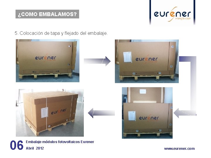 ¿COMO EMBALAMOS? 5. Colocación de tapa y flejado del embalaje. 06 Embalaje módulos fotovoltaicos