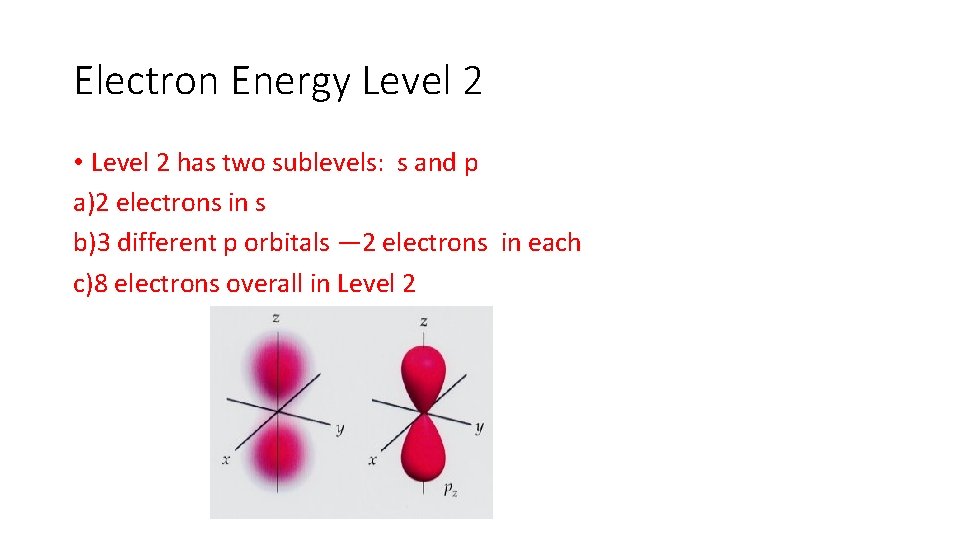 Electron Energy Level 2 • Level 2 has two sublevels: s and p a)2