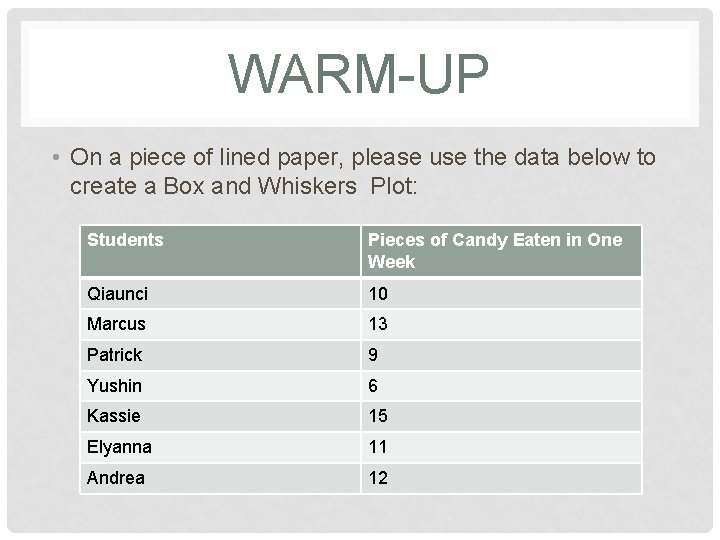 WARM-UP • On a piece of lined paper, please use the data below to