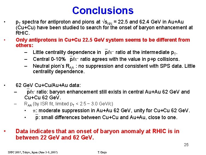 Conclusions • • • p. T spectra for antiproton and pions at s. NN