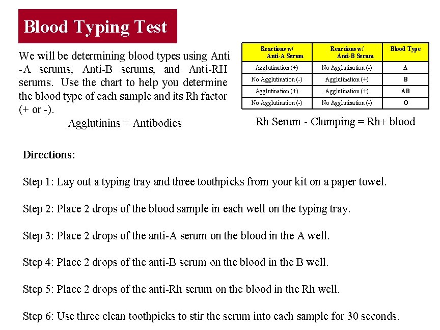 Blood Typing Test We will be determining blood types using Anti -A serums, Anti-B