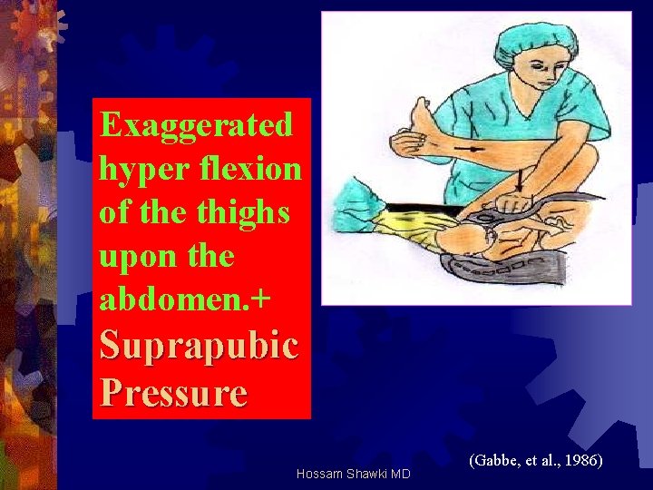 Exaggerated hyper flexion of the thighs upon the abdomen. + Suprapubic Pressure Hossam Shawki