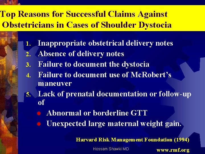 Top Reasons for Successful Claims Against Obstetricians in Cases of Shoulder Dystocia 1. 2.