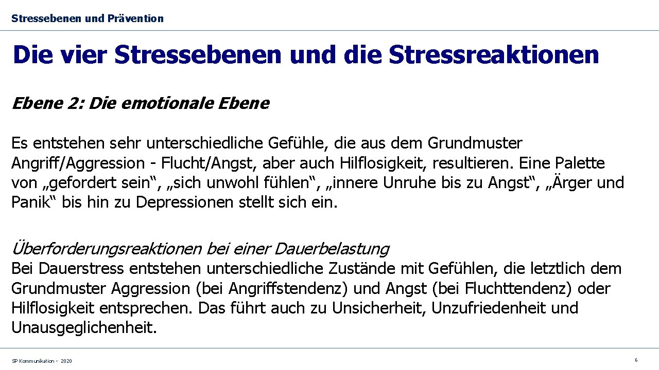 Stressebenen und Prävention Die vier Stressebenen und die Stressreaktionen Ebene 2: Die emotionale Ebene