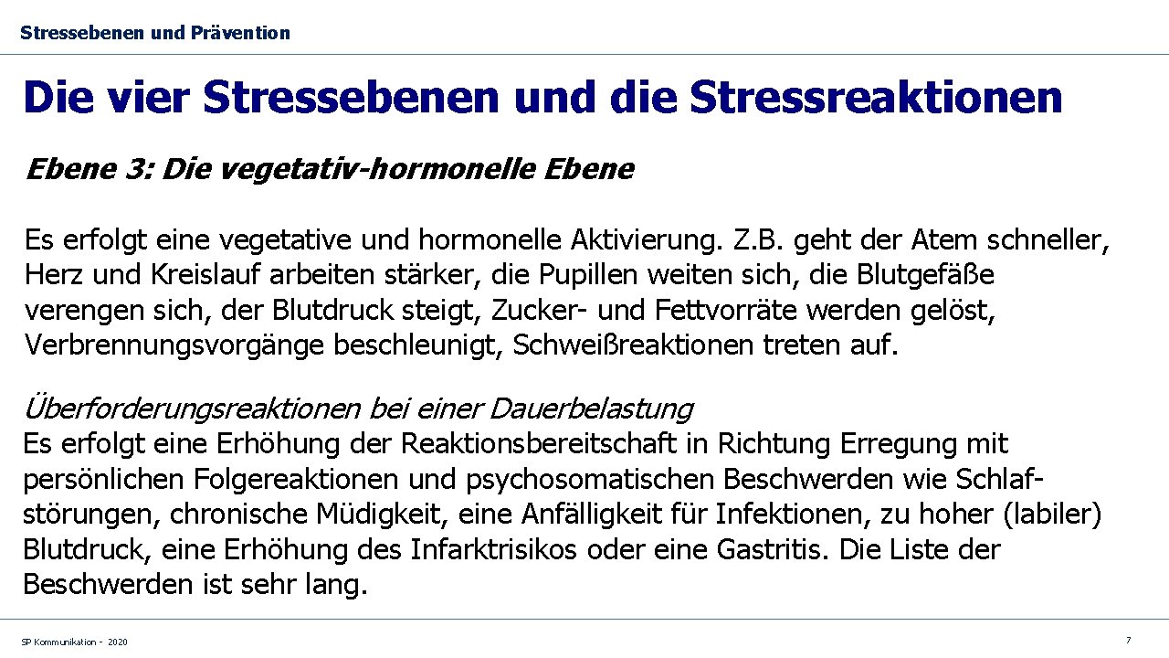 Stressebenen und Prävention Die vier Stressebenen und die Stressreaktionen Ebene 3: Die vegetativ-hormonelle Ebene